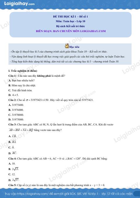 Đề thi học kì 1 Toán 10 Kết nối tri thức - Đề số 1